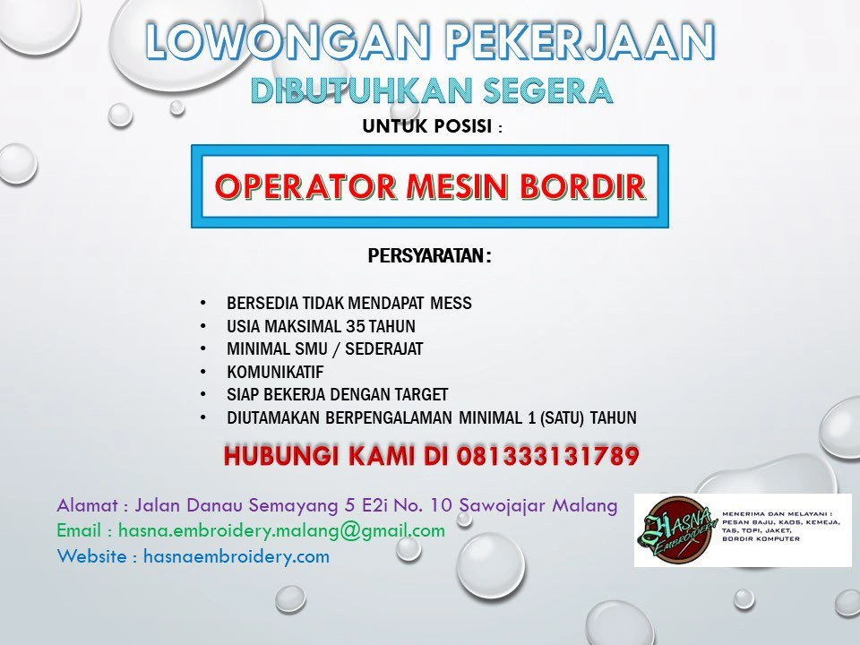 Lowongan Kerja Operator Mesin Bordir di Sawojajar Malang