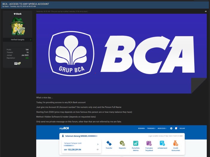 Hacker ini Buka Jasa Login Akun MyBCA Dengan Harga 500 Dolar