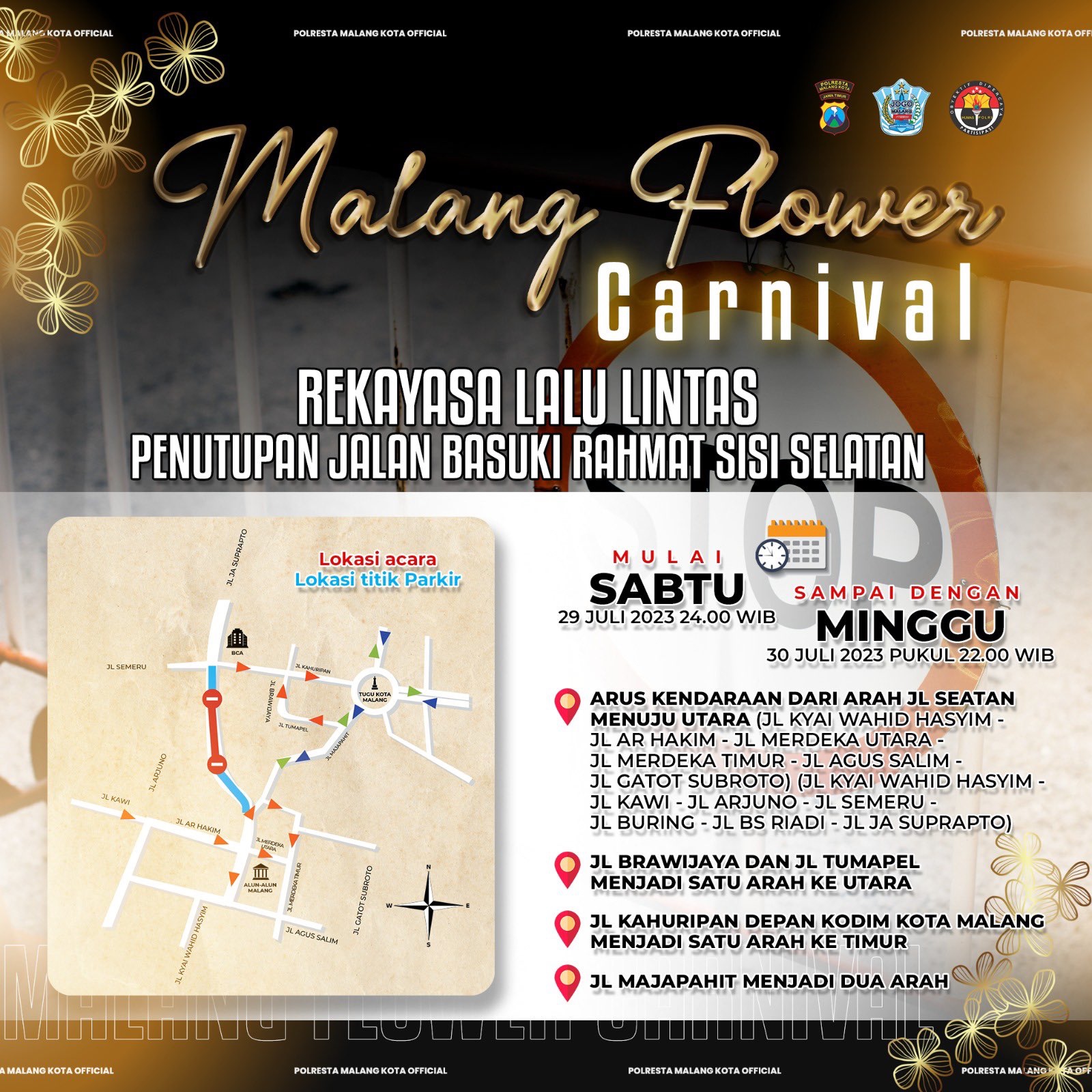 Catat Penutupan Jalan Basuki Rahmat Selatan Kota Malang, Ada Malang Flower Carnival Sabtu-Minggu Besok