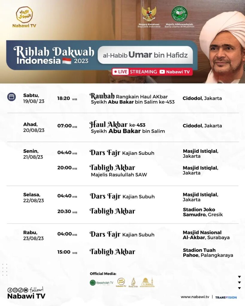 Jadwal Rihlah Habib Umar bin Hafidz di Indonesia 2023 (Instagram/nabawitv)