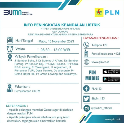 Informasi pemadaman listrik di Malang Raya hari ini 15 November 2023 akan berdampak pada 15 Lokasi.