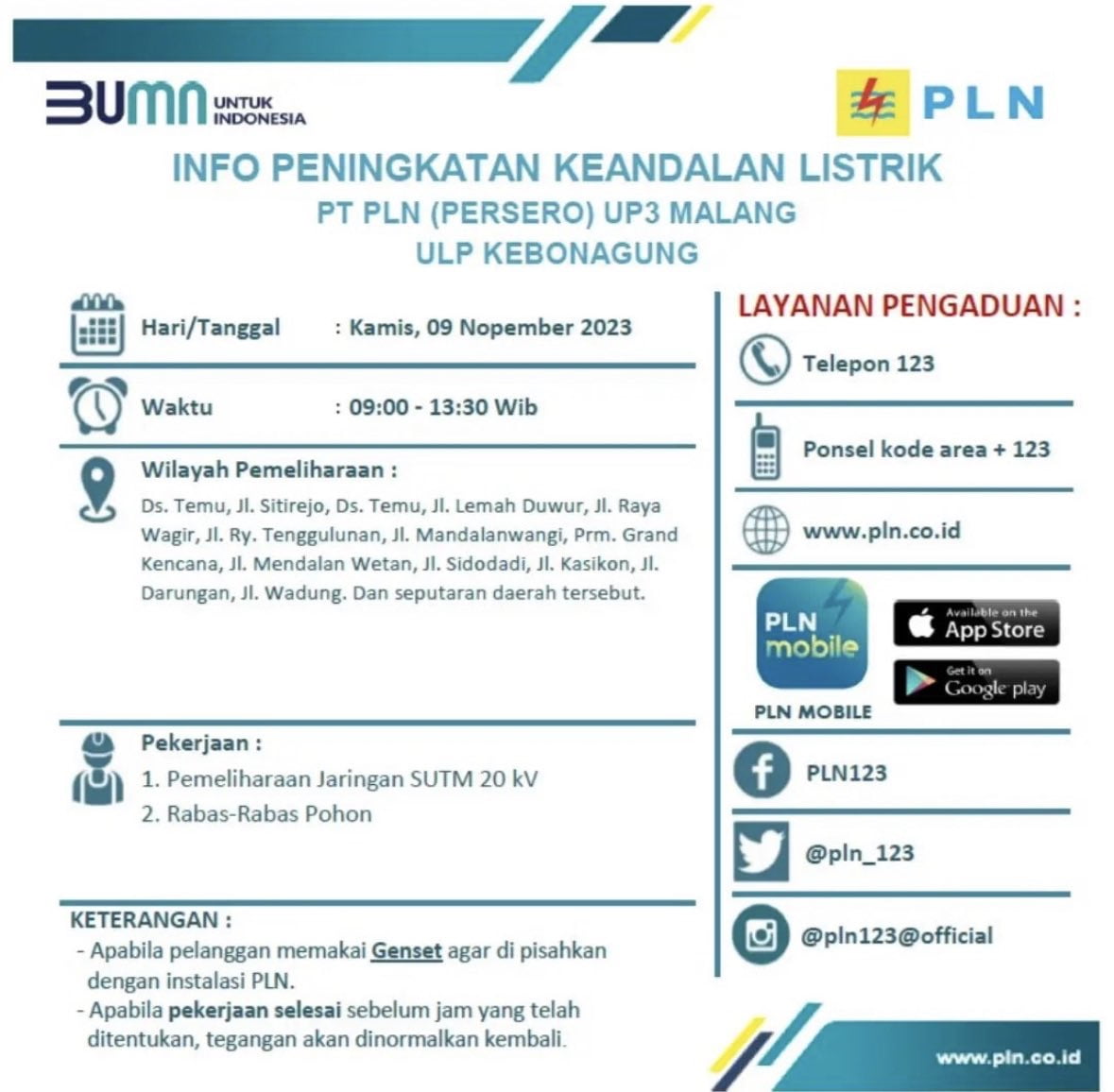 Jadwal Pemadaman Listrik Wilayah Malang Raya 9 November 2023