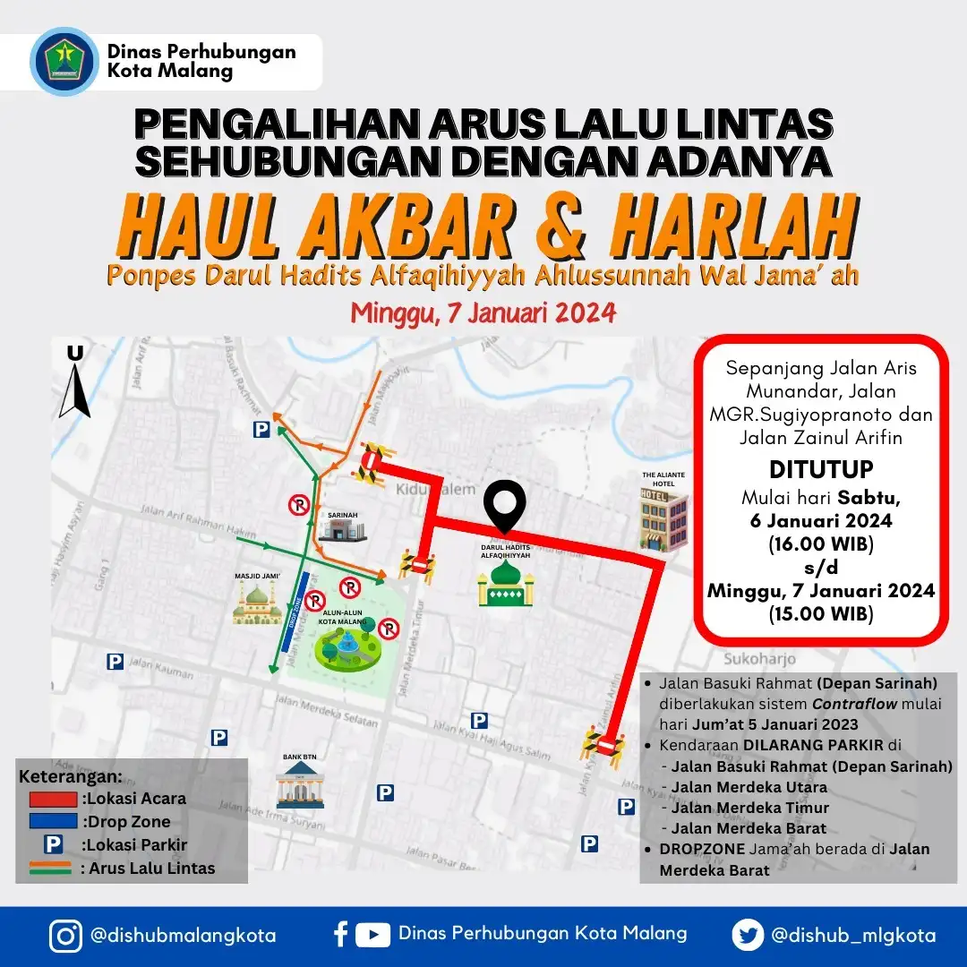 Pengalihan Arus Lalu Lintas Haul Akbar Imamain 2024 dan Harlah Ponpes Darul Hadits Alfaqihiyyah ke-79 di Kota Malang