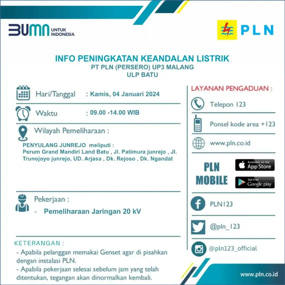 Info Pemadaman Listrik Hari ini di Batu, 6 Januari 2024 ada di 6 Titik Lokasi Selama 6 Jam