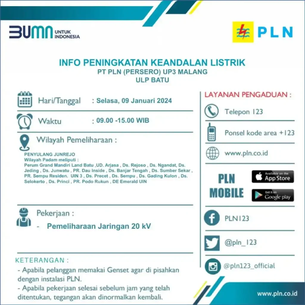 PLN UP3 Malang melalui PLN ULP Batu akan melakukan pemadaman