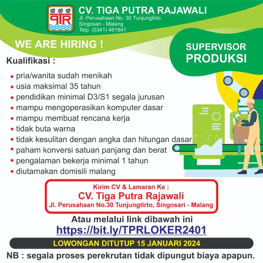 Info terkini lowker (lowongan kerja) di Malang bulan Januari 2024 ada dibeberapa tempat, seperti di CV Tiga Putra Rajawali hingga PT. Catur Mulia Mandiri.