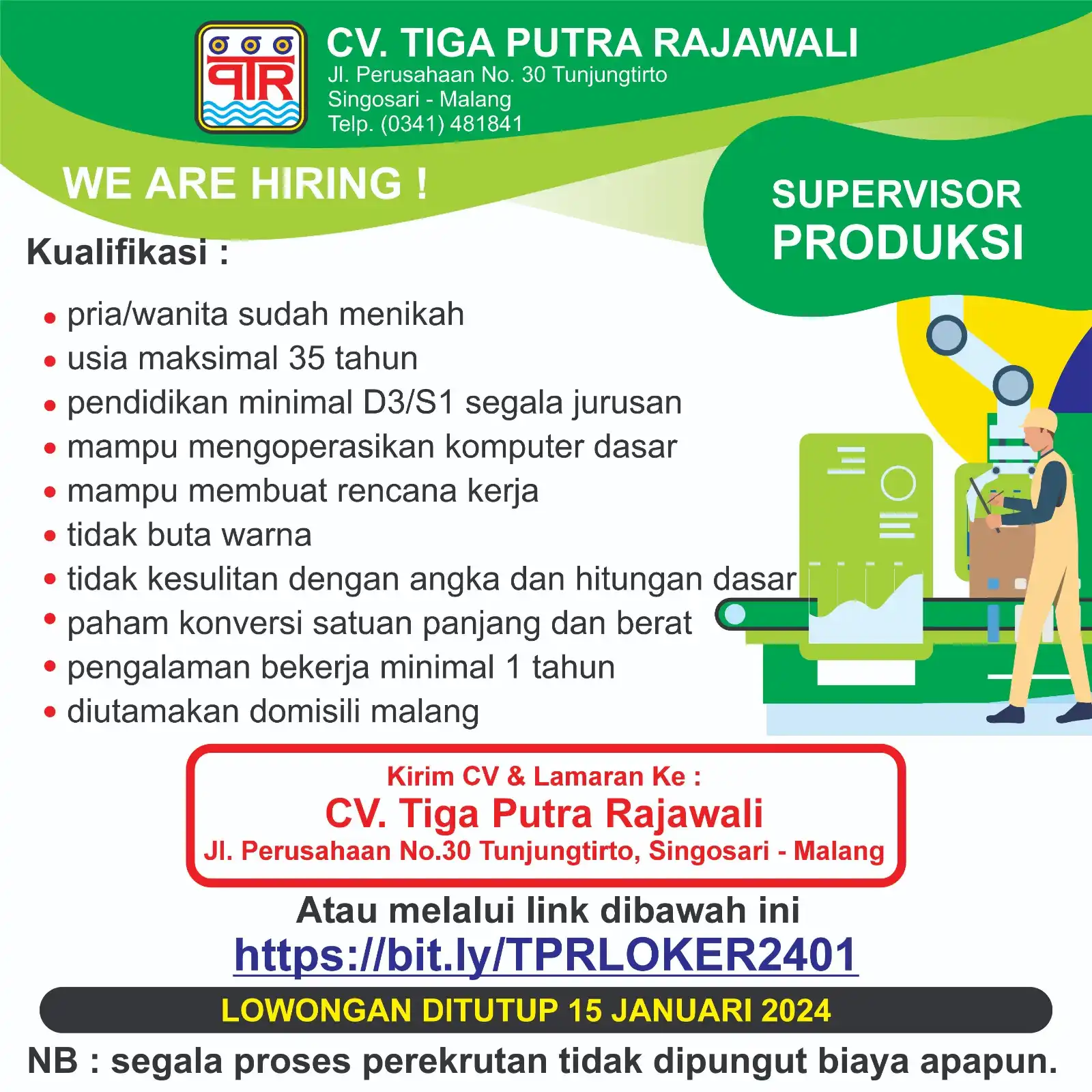 Gambar: Lowongan Kerja di Malang Januari 2024 Staff Admin dan Supervisor Produksi