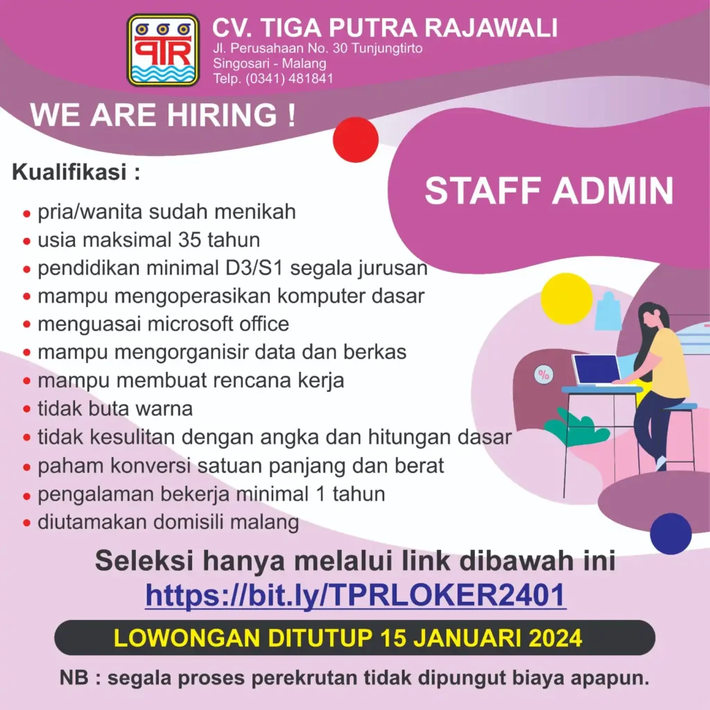 Info terkini lowker (lowongan kerja) di Malang bulan Januari 2024 ada dibeberapa tempat, seperti di CV Tiga Putra Rajawali hingga PT. Catur Mulia Mandiri.