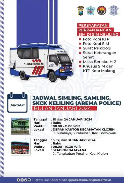 Jadwal SIM Keliling Malang Januari 2024, Khusus KTP dan SIM Kota!