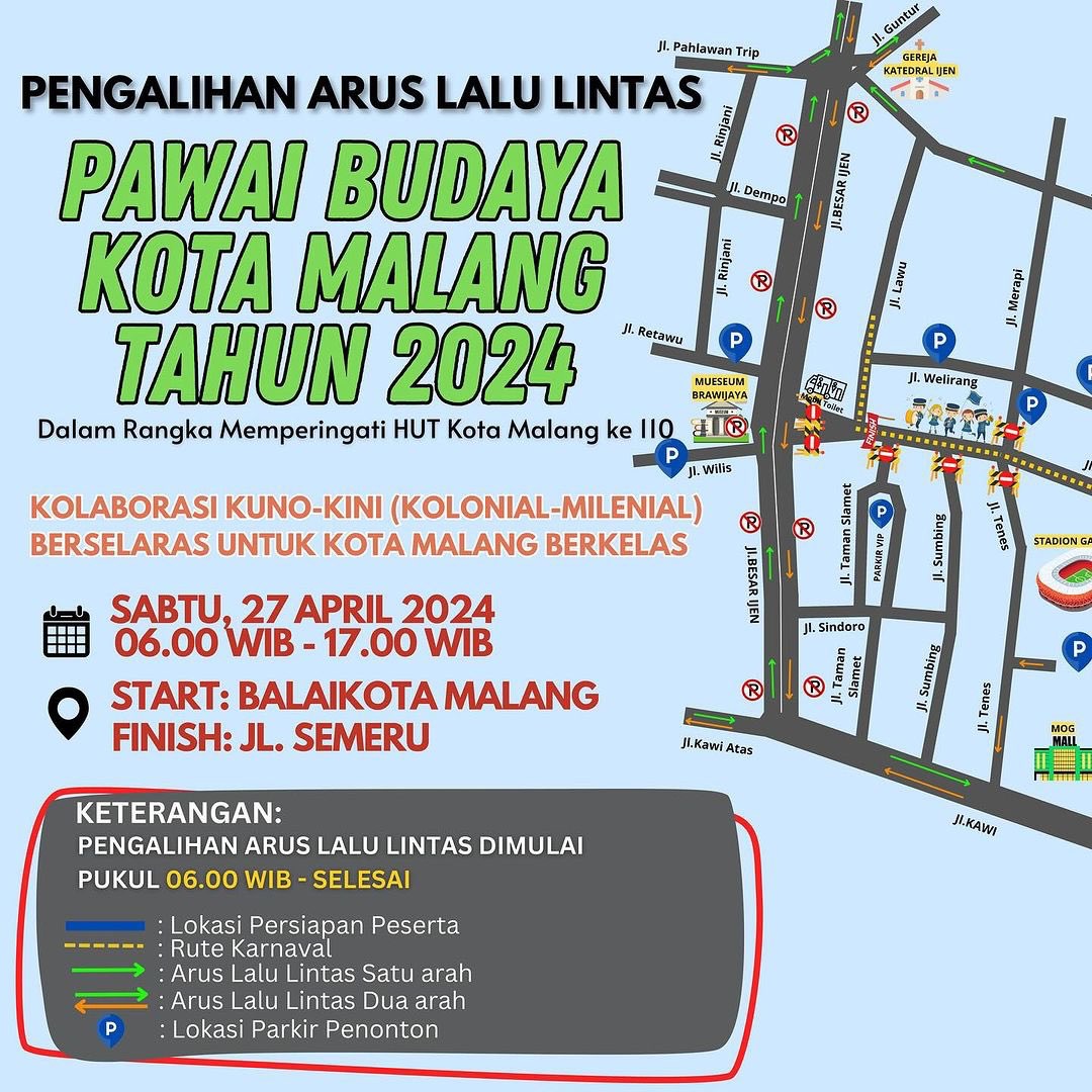 Info Parkir Rute dan Pengalihan Lalu Lintas Pawai Budaya 2024 Kota Malang