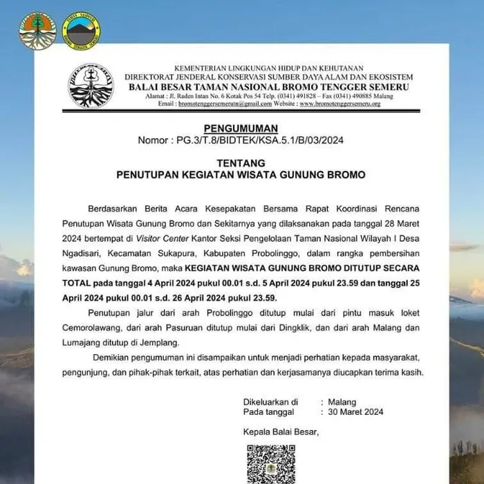Wisatawan Harus Tahu! Gunung Bromo Ditutup 25 April 2024 untuk Pembersihan Pasca Libur Lebaran Wisatawan Harus Tahu! Gunung Bromo Ditutup 25 April 2024 untuk Pembersihan Pasca Libur Lebaran