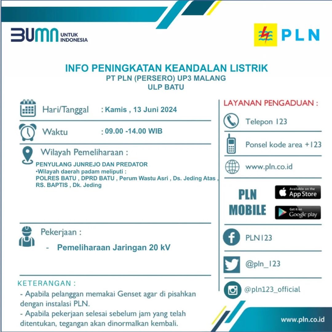 Info Pemadaman Listrik Wilayah Batu Besok 13 Juni 2024, Ada 6 Daerah