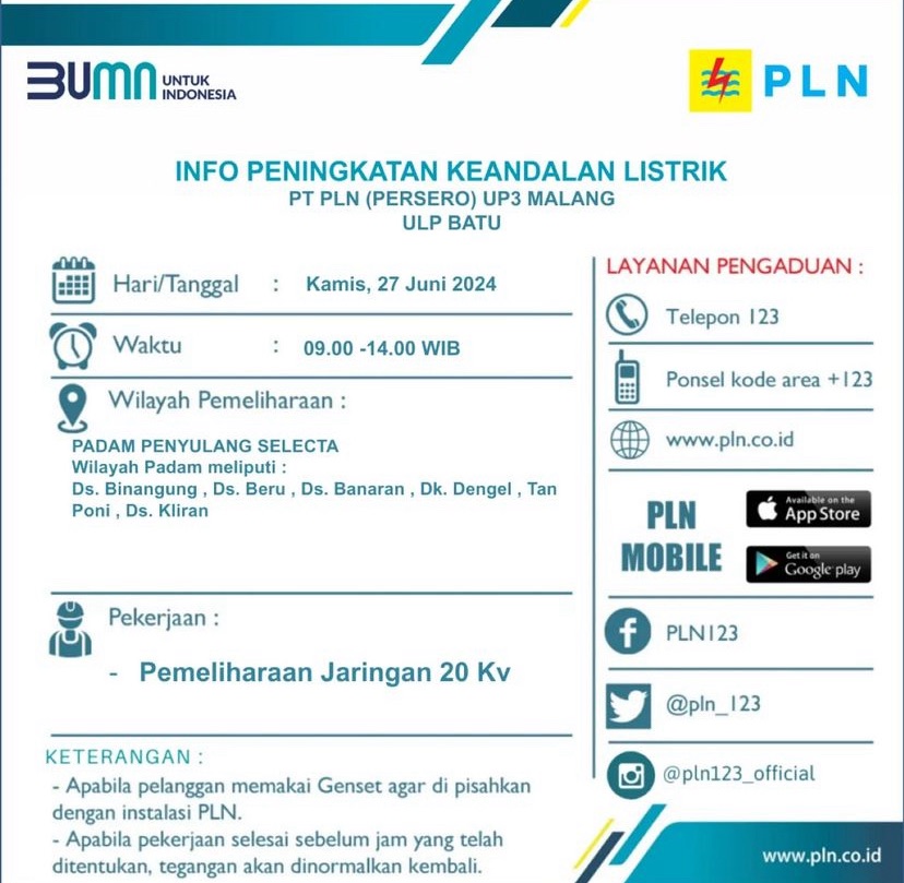 Pemadaman Listrik di Wilayah Batu 27 Juni 2024: PLN Lakukan Pemeliharaan Jaringan