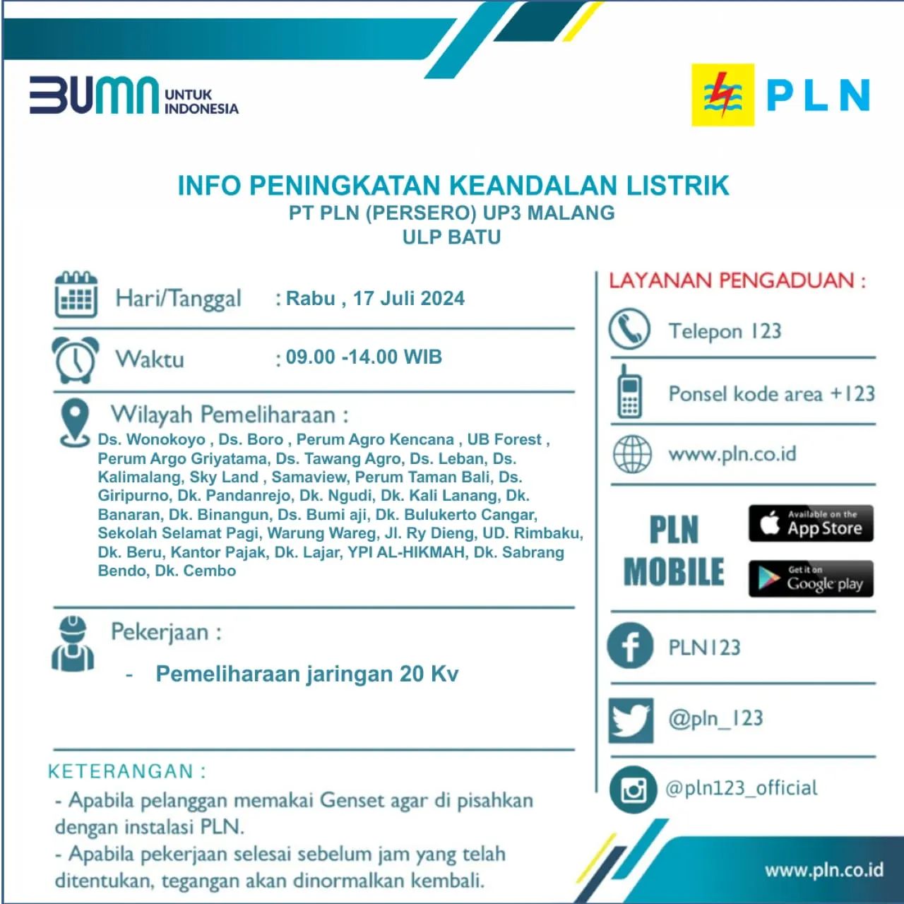 PLN Akan Padamkan Listrik di Batu Pada 29 Lokasi Berikut, Catat Lokasinya!