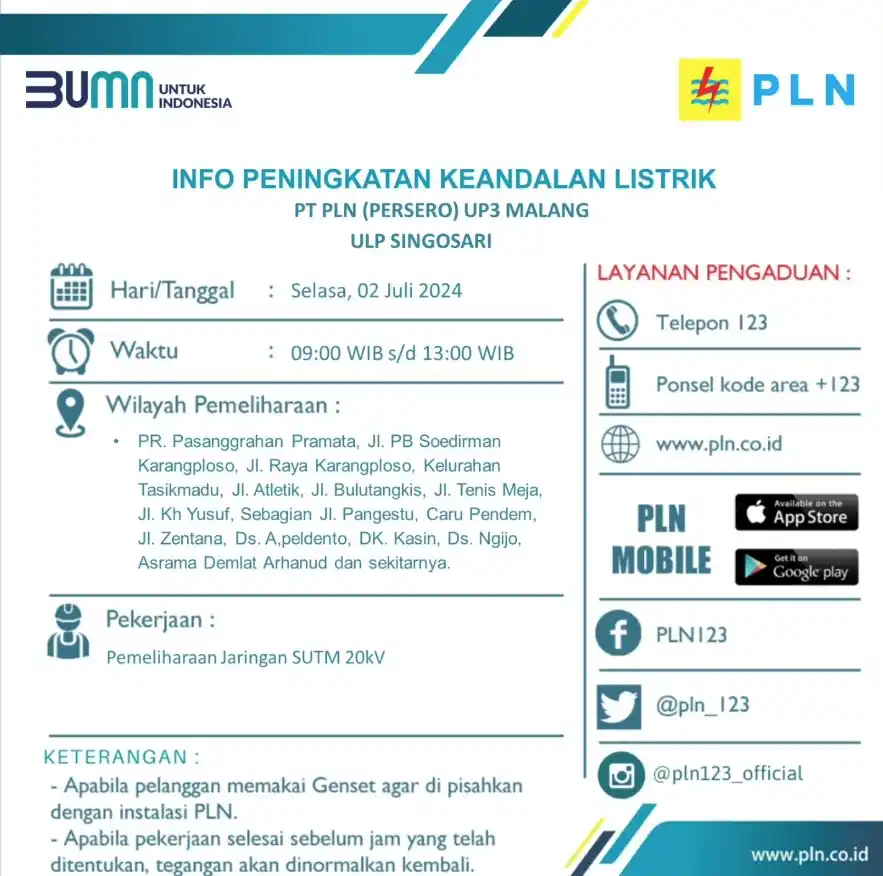 Info Pemadaman Listrik di Malang 2 Juli 2024, Daerah Singosari dan Sekitarnya Tetap Siaga!