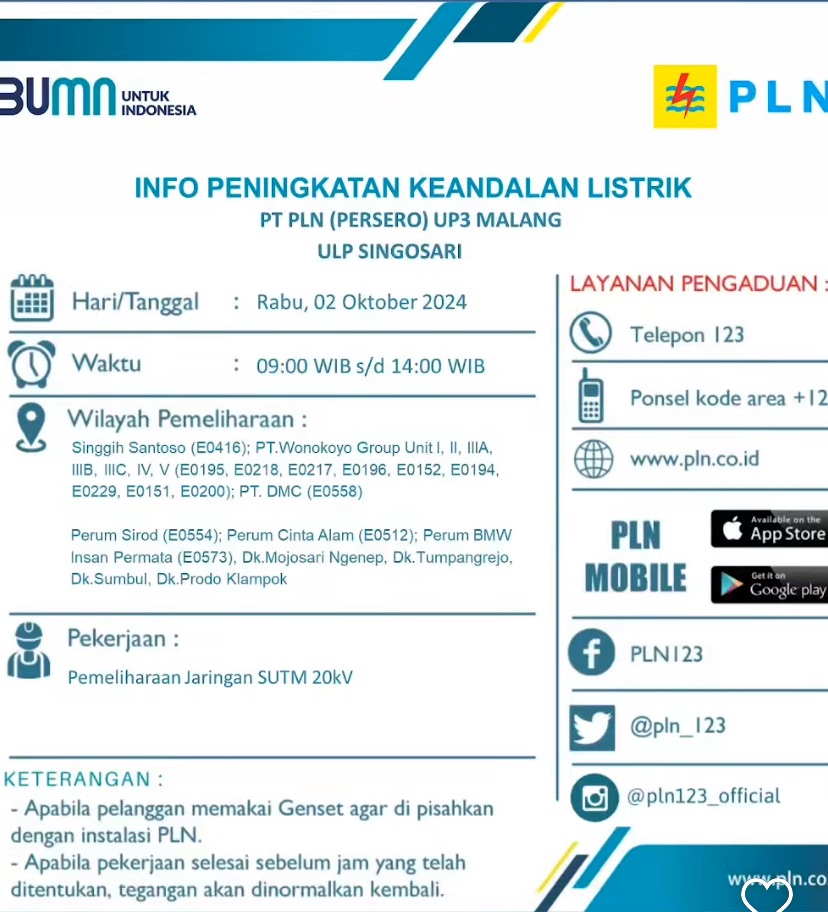 Catat! PLN UP3 Malang Bakal Lakukan Pemadaman Listrik di Wilayah Singosari