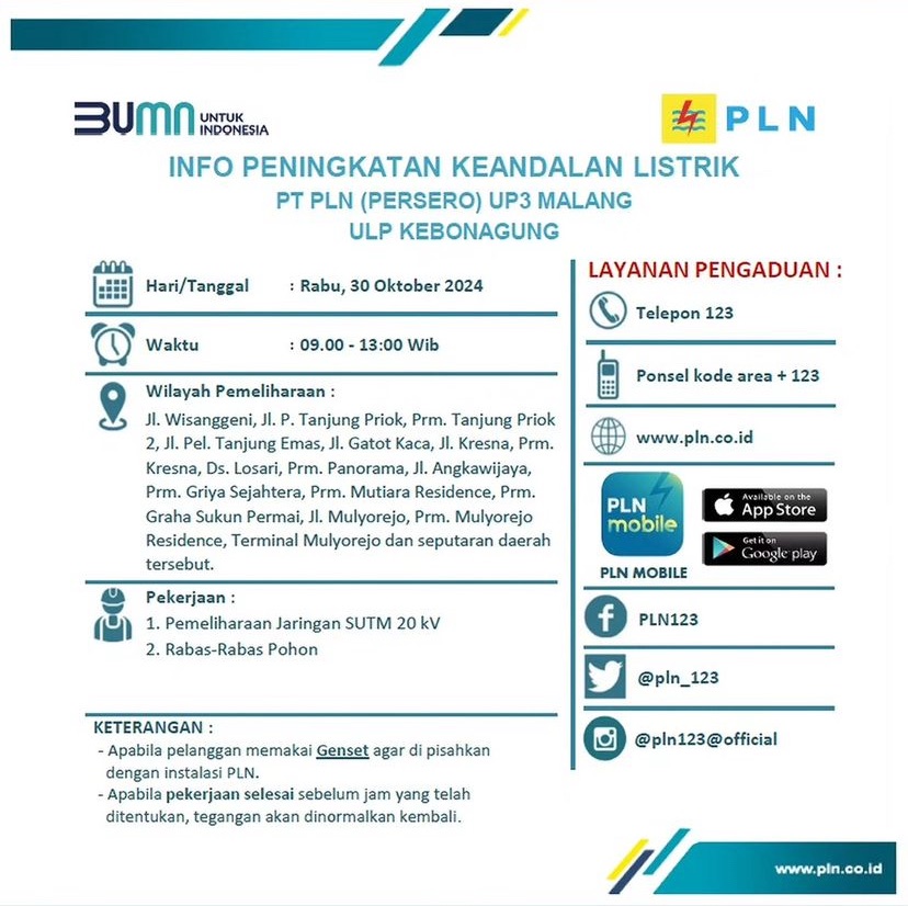 Info Pemadaman Listrik di Wilayah Kebonagung Malang Rabu 30 Oktober 2024