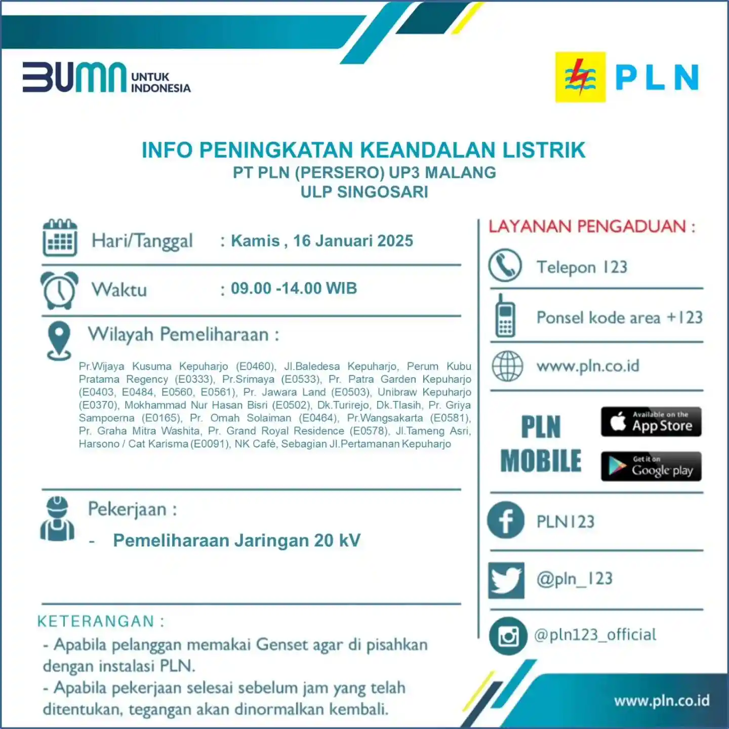 PLN Malang Lakukan Pemeliharaan Jaringan Listrik Kamis Besok, Berikut Daerah yang Terdampak!
