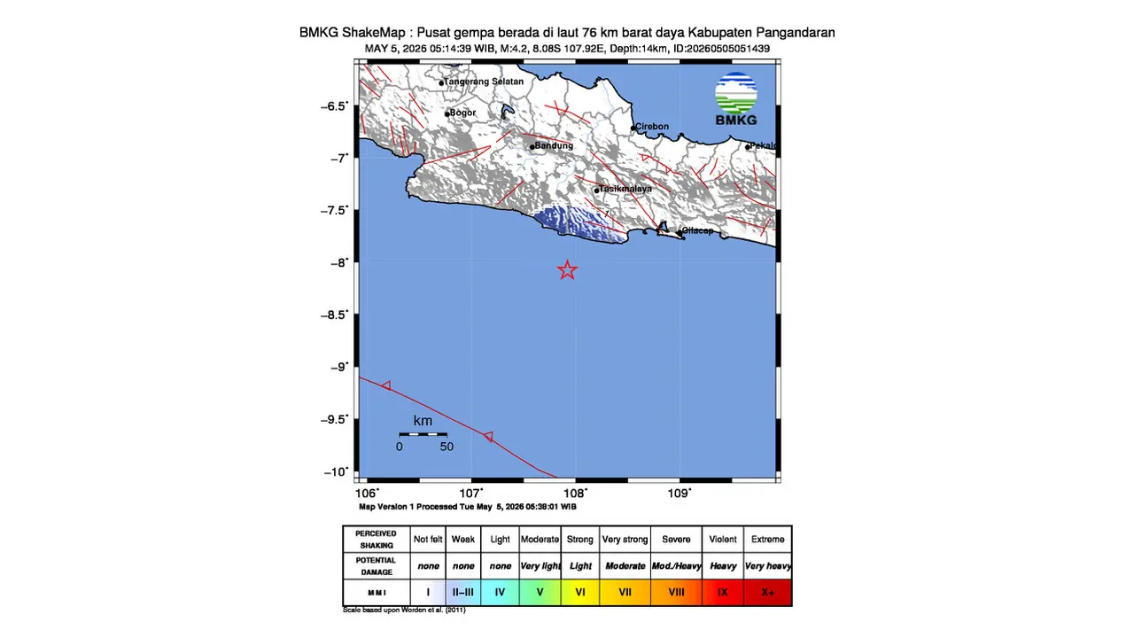 Gempa M 4,2 Guncang Pangandaran Jawa Barat Pagi Ini